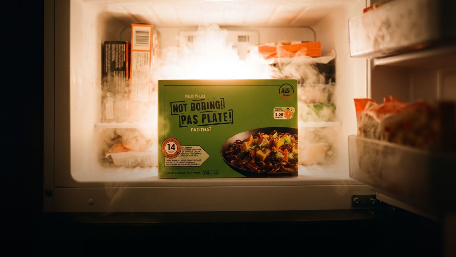A product glowing inside a freezer