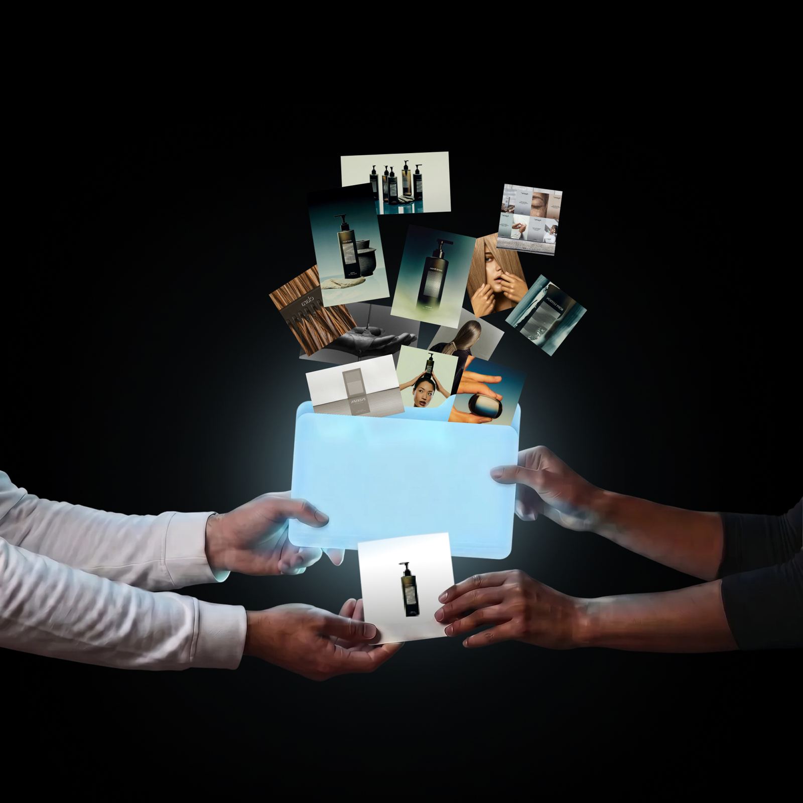 Generated campaign visuals flying out of a glowing folder